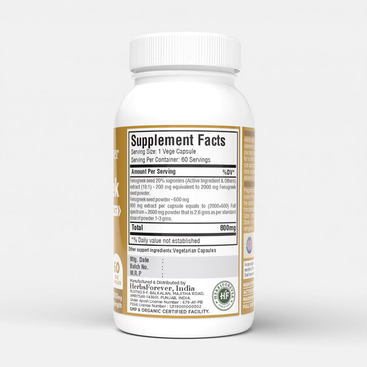 Herbsforever Fenugreek Capsules Trigonella Foenum-Graecum Saponin 30% Nutritional Supplements for Detoxification 60 Vege Capsules 800mg Each