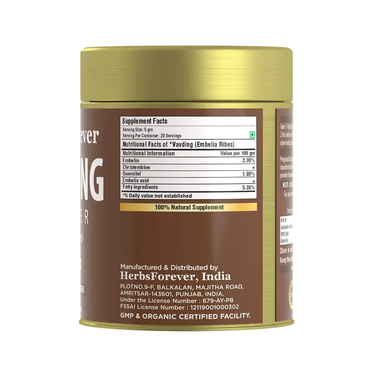 HerbsForever Vidanga (Vavding) Fruit & Seed Powder | Embelia Ribes | Natural Herbal Supplement | Non-GMO, Vegan | 100 GMS