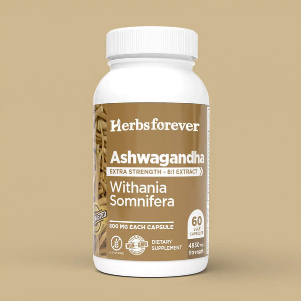 Herbsforever Ashwagandha Capsules Withania Somnifera Withannolides 5% & Alkaloids 1.5% Boost Energy and Performance 60 Vege Capsules 800 Mg Each