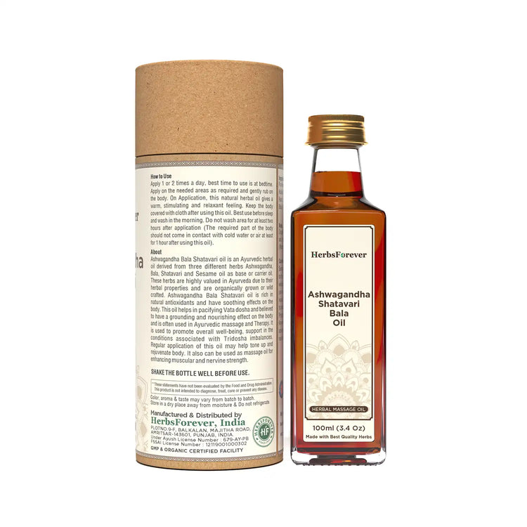 Herbsforever Ashwagandha Shatavari Bala Oil Cold Pressed Premium Oil for Relaxation and Muscle Support Non-GMO, Vegan  (100 ml)