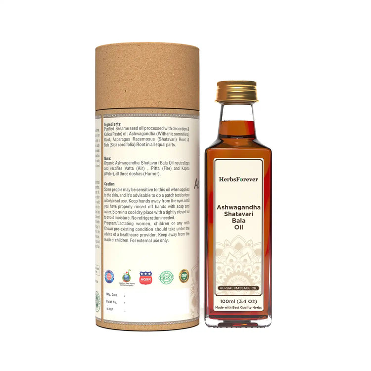 Herbsforever Ashwagandha Shatavari Bala Oil Cold Pressed Premium Oil for Relaxation and Muscle Support Non-GMO, Vegan  (100 ml)