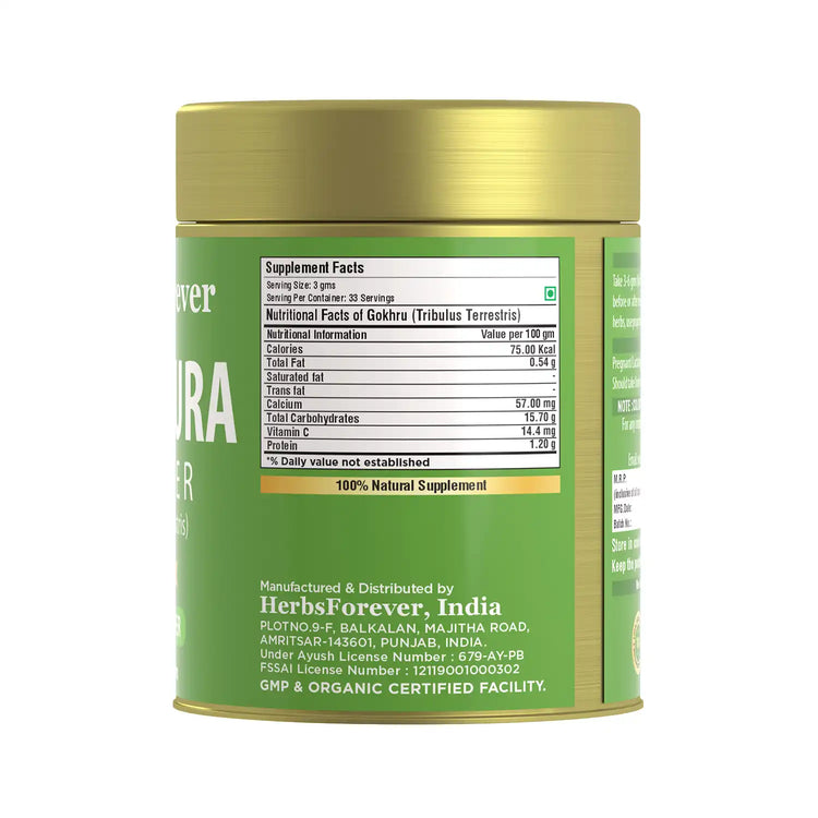 HerbsForever Gokshura Powder | Tribulus Terrestris | Authentic Ayurvedic Herb for Everyday Use | Non-GMO, Vegan, 100% Pure & Natural |100 GMS Herbal Supplement