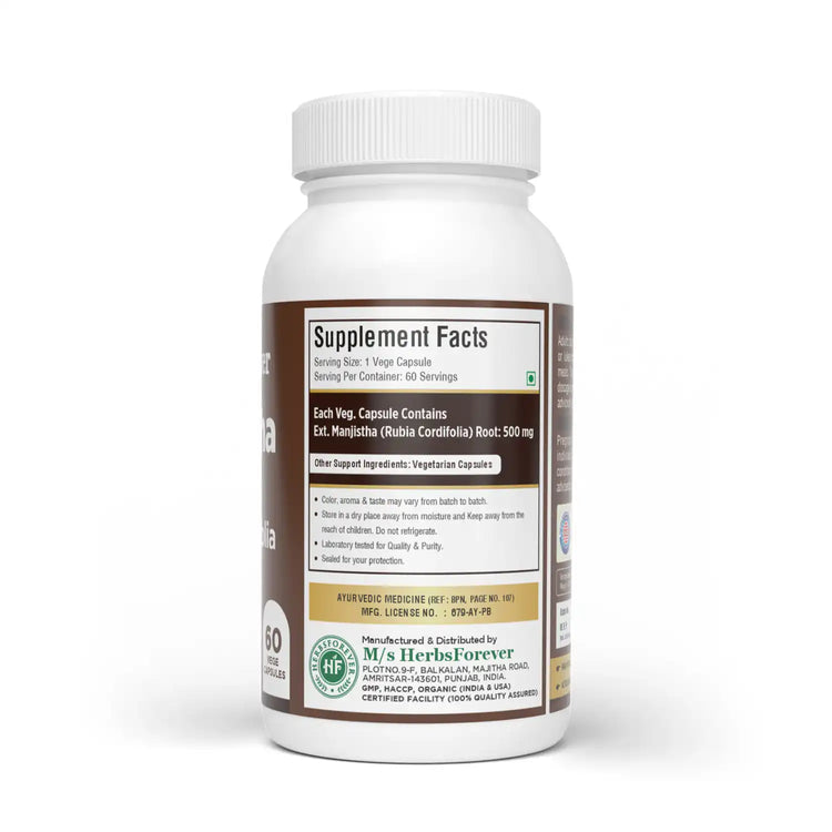 Herbsforever Manjistha (Rubia cordifolia) Root Powder Capsules – Ayurvedic Blood Purification & Skin Support – 100% Pure.
