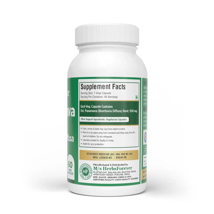 Herbsforever Punarnava (Boerhavia diffusa) Root Powder Capsules – Ayurvedic Kidney & Fluid Balance Support – 100% Pure.