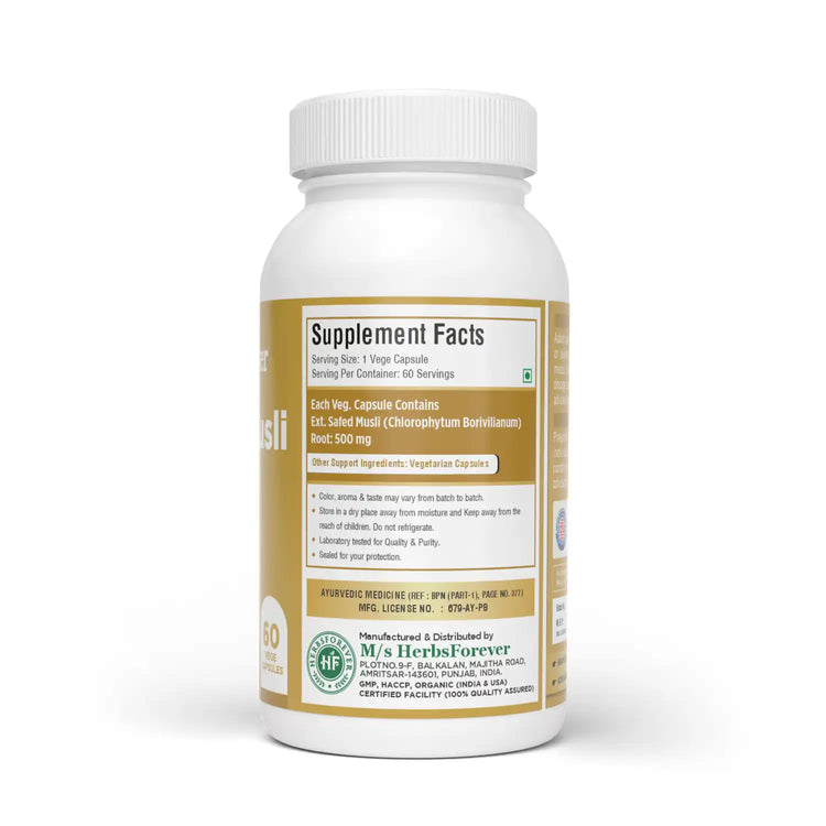 Herbsforever Safed Musli (Chlorophytum borivilianum) Root Powder Capsules – Ayurvedic Vitality & Strength Support – 100% Pure.