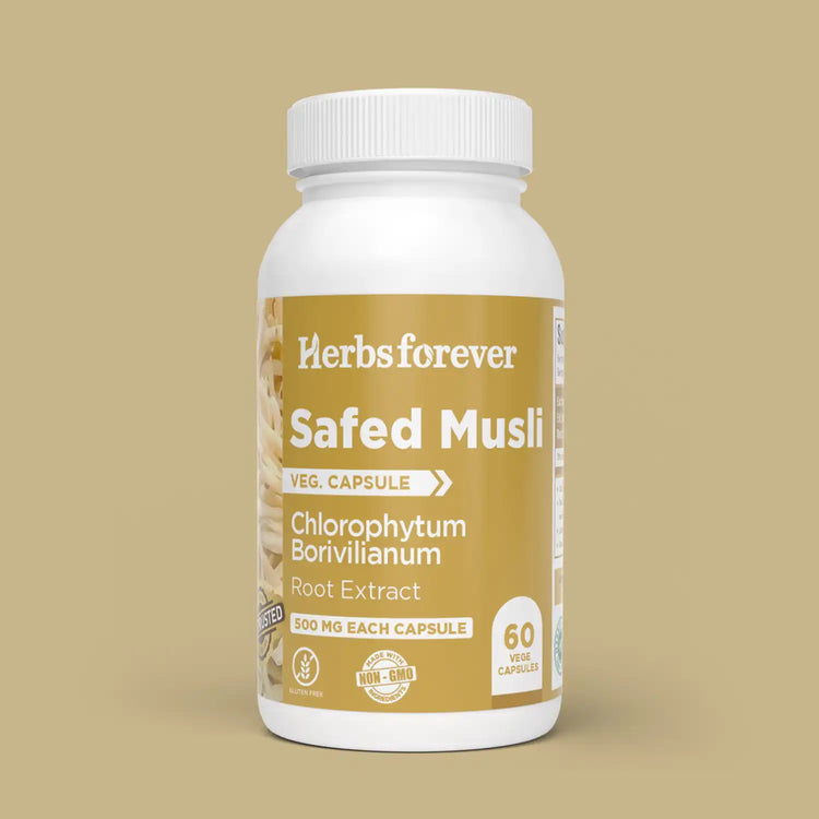 Herbsforever Safed Musli (Chlorophytum borivilianum) Root Powder Capsules – Ayurvedic Vitality & Strength Support – 100% Pure.