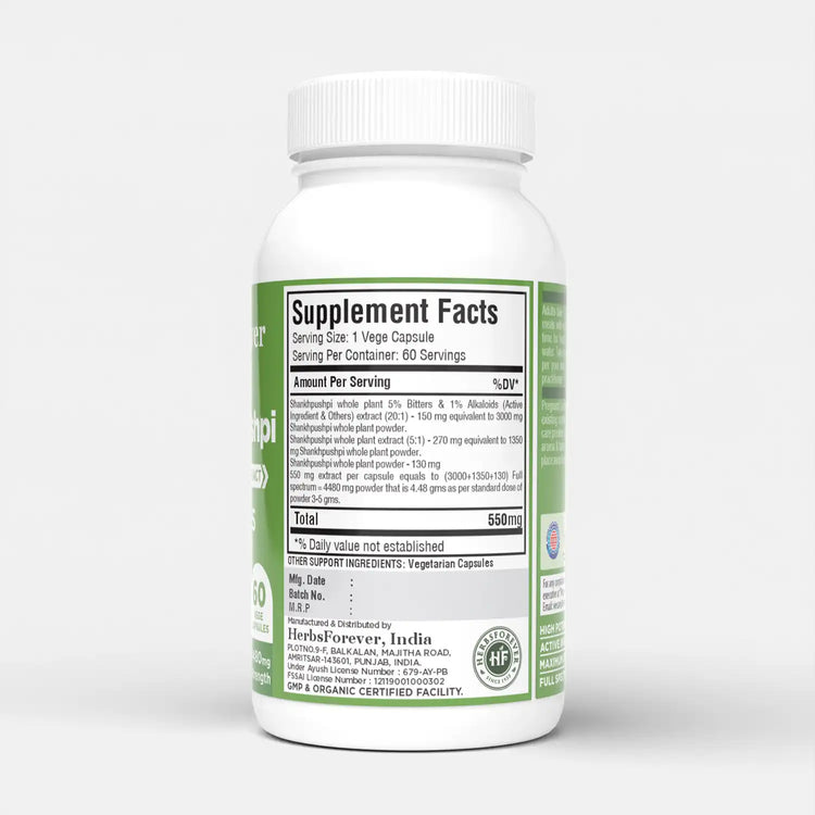 Herbsforever Shankhpushpi Capsules | Convolvulus Pluricaulis | Natural Herbal Supplement for Mental Alertness, Focus & Memory Support | 550mg | 60 Veg Capsules