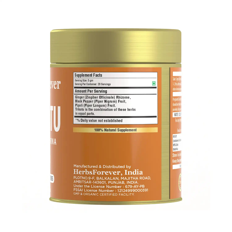 Herbsforever Trikatu Churna – Ayurvedic Herbal Blend for Digestive Support & Vata Balance, Non-GMO, Vegan, 100g | Natural Wellness Supplement