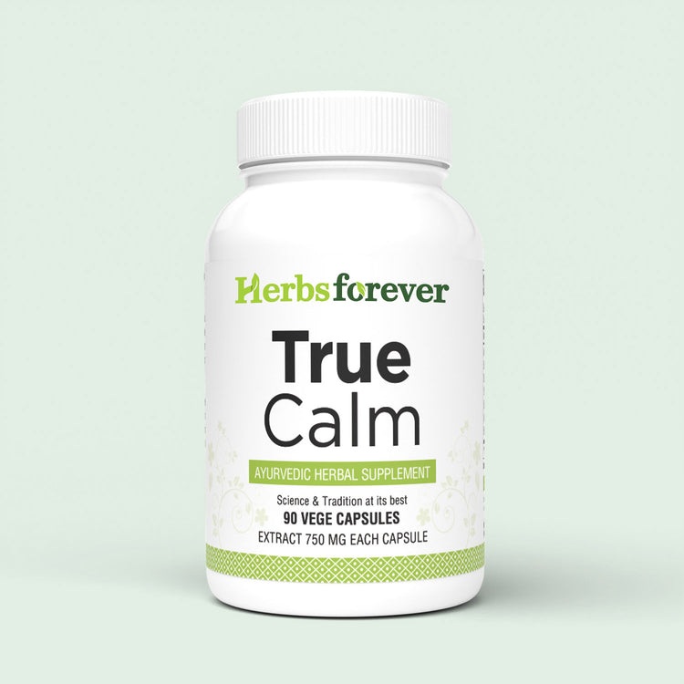Herbsforever True Calm Capsules Ayurvedic Herbal Formulation Stress Relief Formula Provides Calmness and Comfortable Sleep 90 Vege Capsules 750 Mg Each