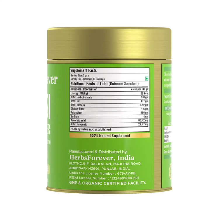 HerbsForever Tulsi Powder Holy Basil Leaves Powder Ocimum Sanctum Support Immune System Promote Calmness and Stress Relief Non GMO, Vegan 100 GMS